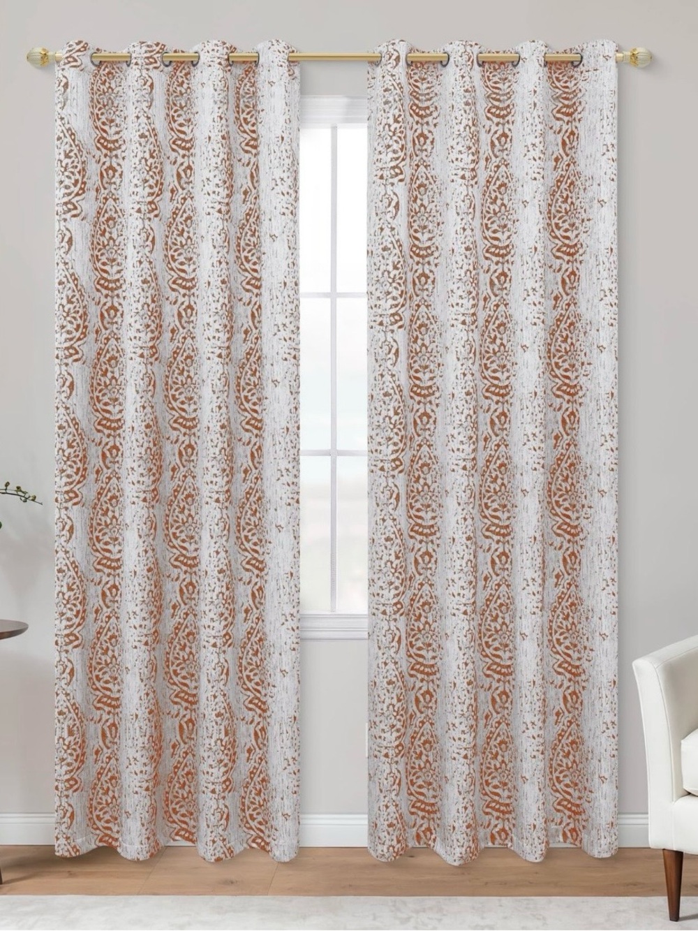 Rust Medallion Pattern Window Curtain Panel - White and Rust